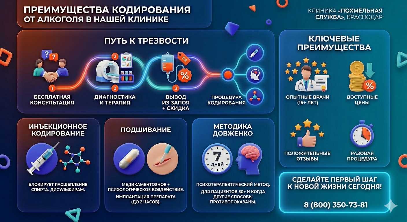 Инфографика о методах кодирования от алкоголя в Буйнакске: инъекции, подшивание, метод Довженко. Преимущества клиники и этапы лечения.
